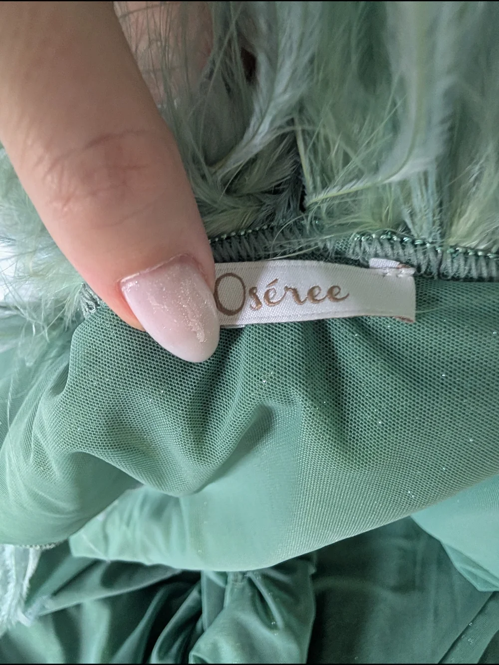 Oseree Plumage One-Shoulder Feather Trim Maxi Dress in Mint - Picture 5 of 6